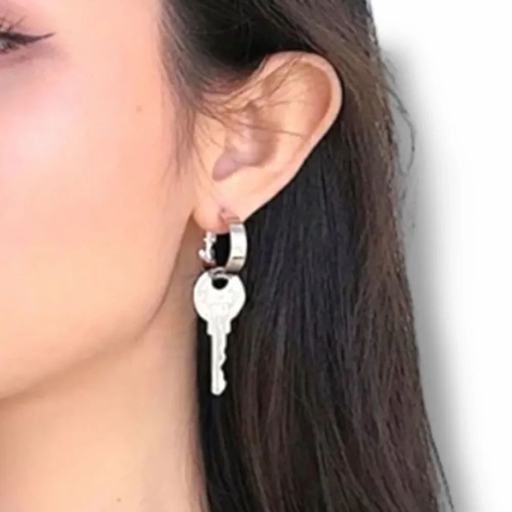 Silver Engraved Room Key Drop Earrings | Wide Hoops Clasp Closure NWT